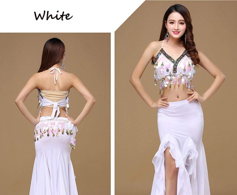ORIDOOR Women's Belly Dance Dress Set - Bra Top, Waist Belt & Chiffon Skirt - White - Image 3